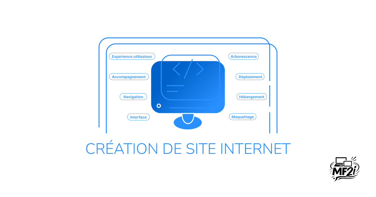 Illustration sur le thème de la création de site internet avec un écran d'ordinateur et diverses balises HTML graphiques