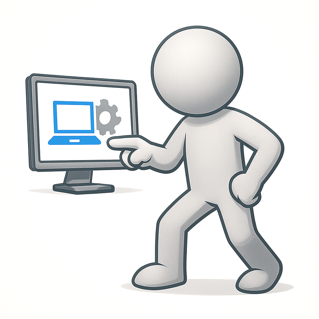 Bonhomme montrant un écran d'ordinateur avec une page de maintenance informatique